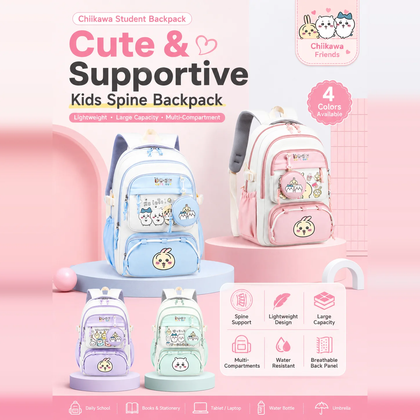 Chiikawa Cartoon Lightweight Shoulder Backpack Back To School Supplie Multi‑Pocket Storage Student School Daily Commute Rucksack