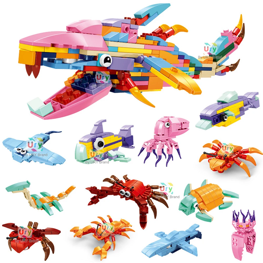 MOC 6in1 Animals Colorful Spider Wasp Snail Scorpion Anglerfish Triceratops Crab Model Set Building Blocks DIY Toys for Kid Gift