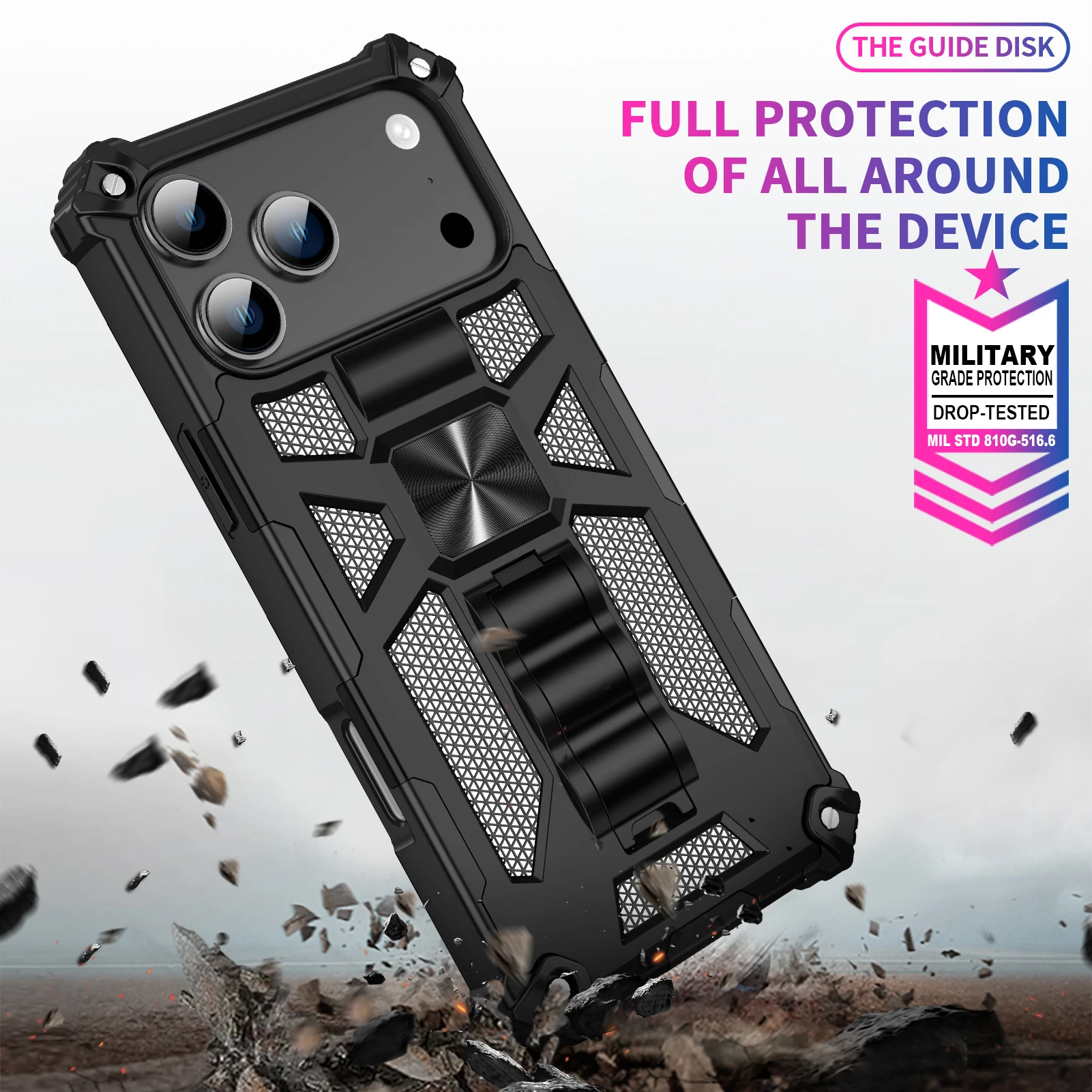 Stoßfeste Handyhülle in Militärqualität für iPhone 18 17 16 15 14 13 12 11 18 Pro Max, Panzerhülle mit Klappständer und Autohalterung, Schutzhülle – Detail 5