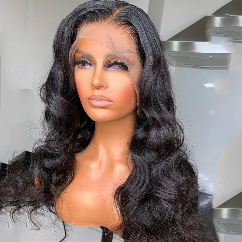 Perruque Lace Front Wig ondulée naturelle noire, 26 pouces, cheveux de bébé, pre-plucked, sans colle, longue et douce, densité 180, à la mode, pour femmes