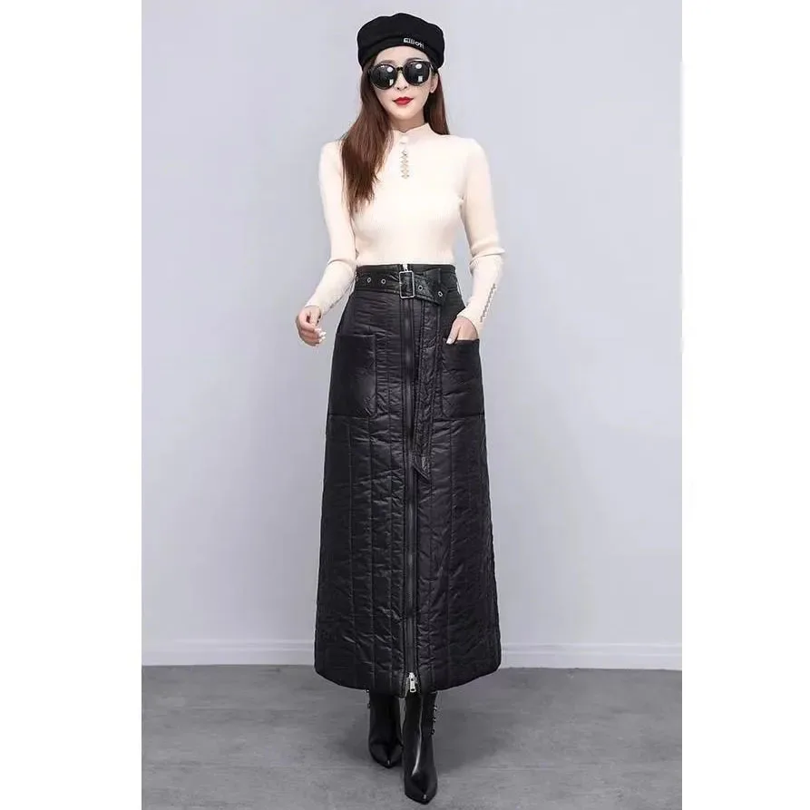 Faldas gruesas de algodón para mujer, faldas acolchadas negras cálidas a prueba de viento, falda larga elástica de cintura alta, talla grande 5XL, invierno