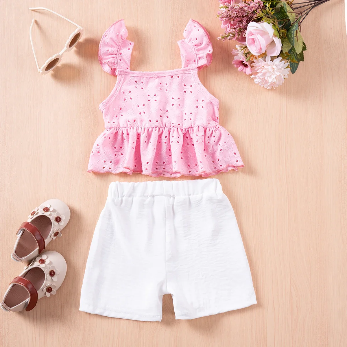 Toddler Girl Set 2024 Solid Color Flying Sleeves Hanging Strap Hollow Top+Pure Breathable Shorts Set 2-piece for Daily Wear