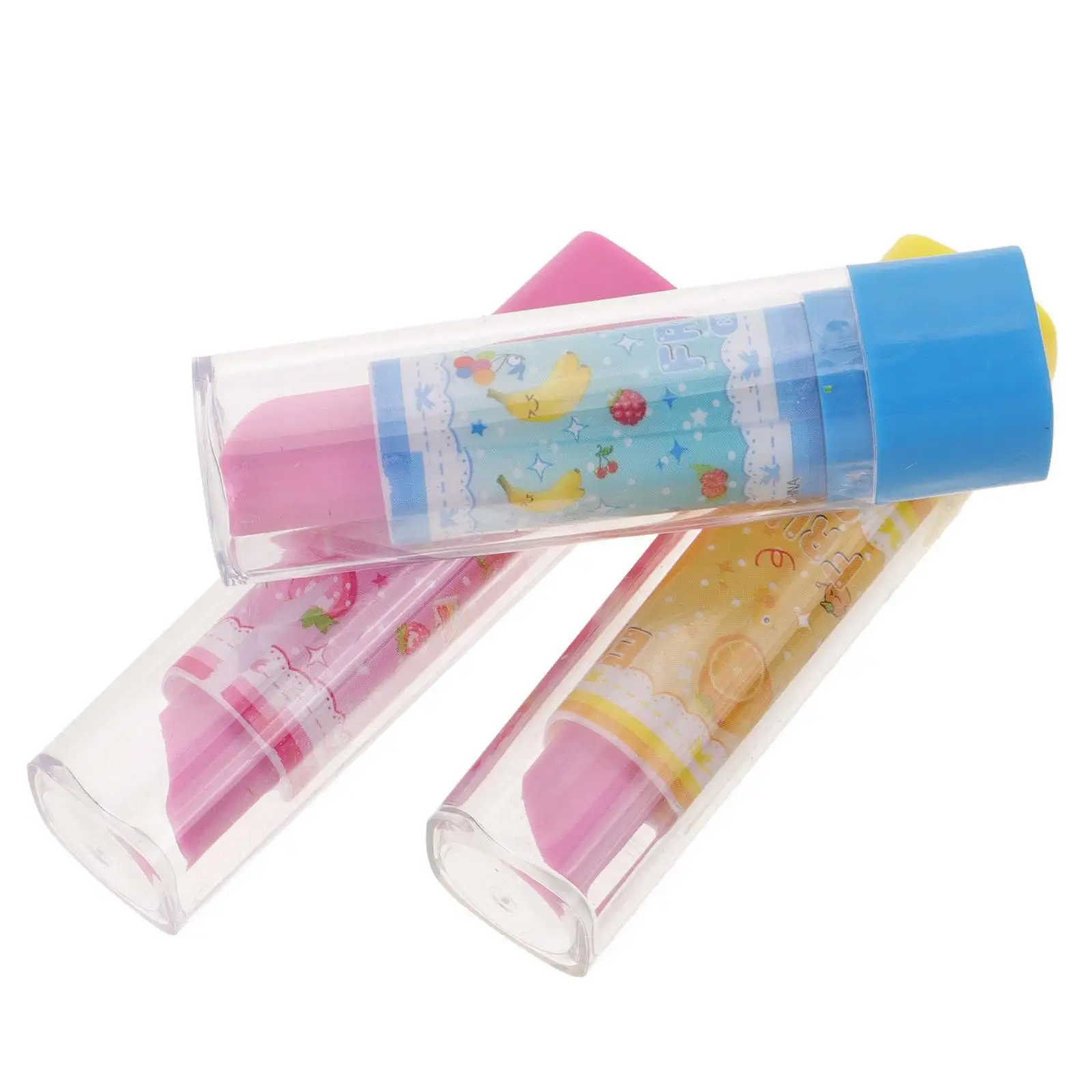 3 Pcs Lipstick Eraser Rubber Cute Cartoon Fruit Pattern Novelty Kids Stationery Student Use Safe Colors Gift