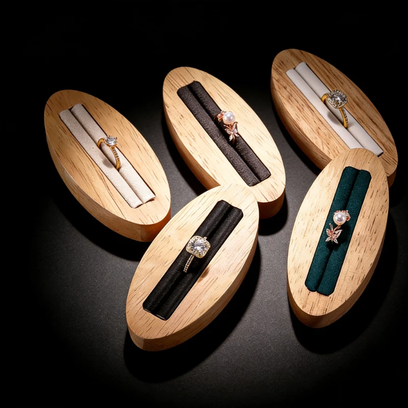 

Vintage Solid Wood Oval Ring Tray Jewelry Counter Showcase - Handmade Pair Ring Holder Box Storage Prop with Lid Gift Packaging