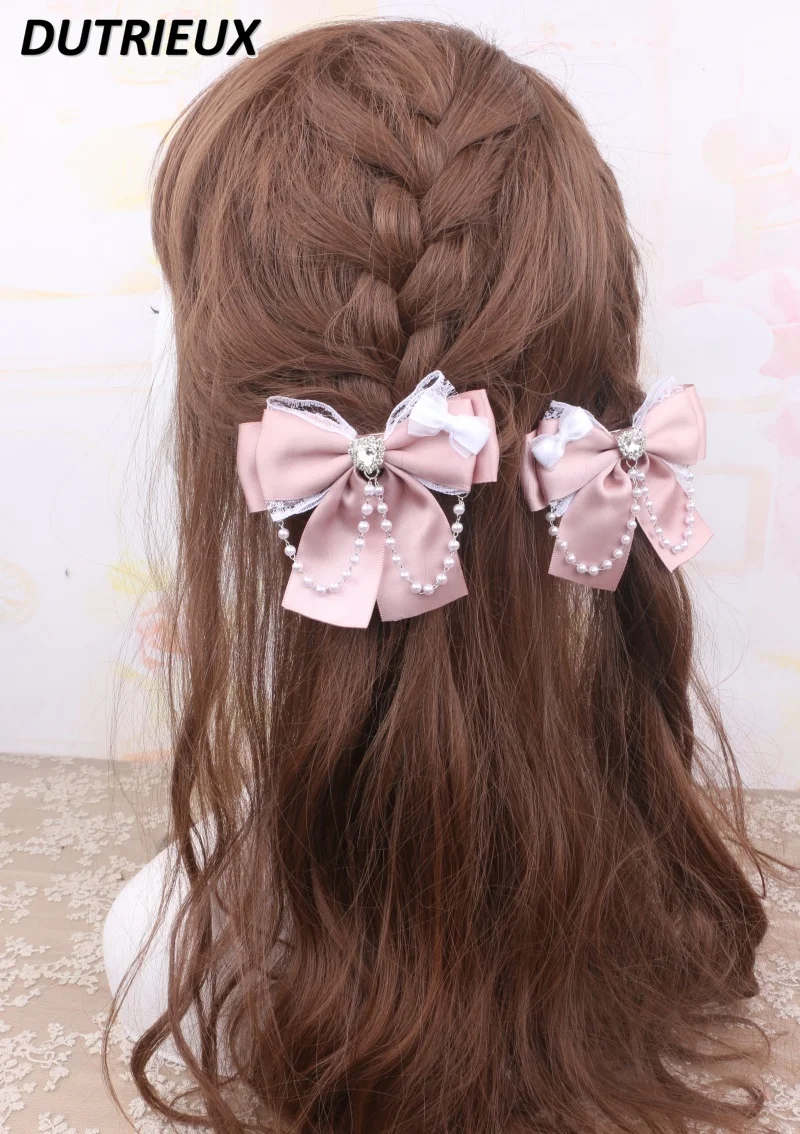 Handmade Sweet Cute Lolita Mine Lace Pearl Chain Hairpin Kawaii Bow Edge Clip Hairclips All-matching Hair Accessories for Girl