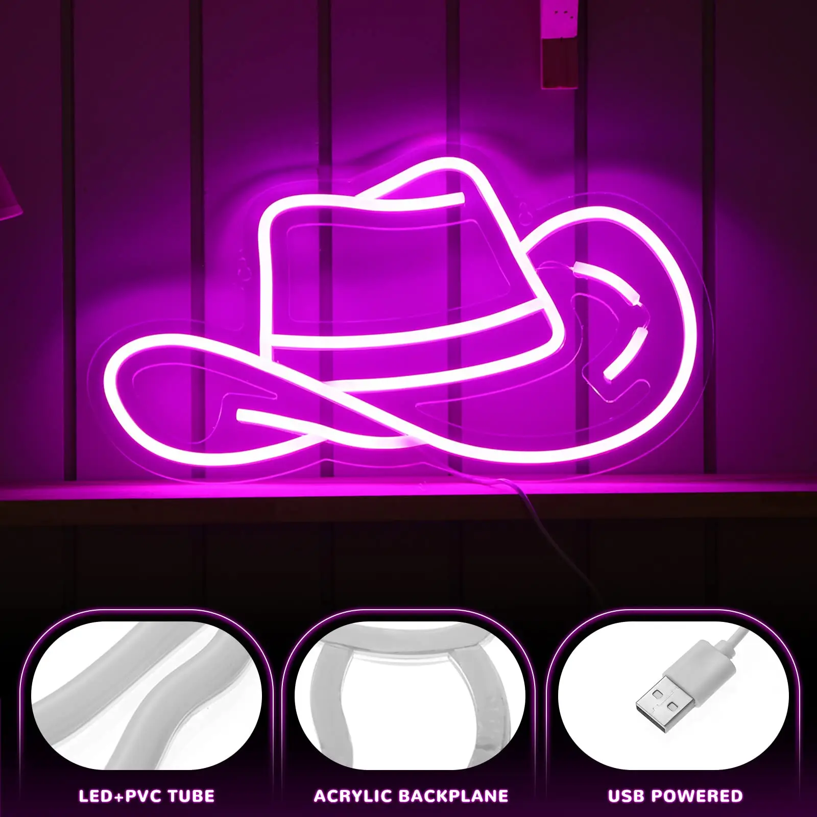 หมวก Cowgirl ปากการูปหัวใจคาวบอยหมวก LED ป้ายสีชมพูนีออนป้าย Y2K LED Neon Light ความงามตกแต่งเครื่องตกแต่งฝาผนัง