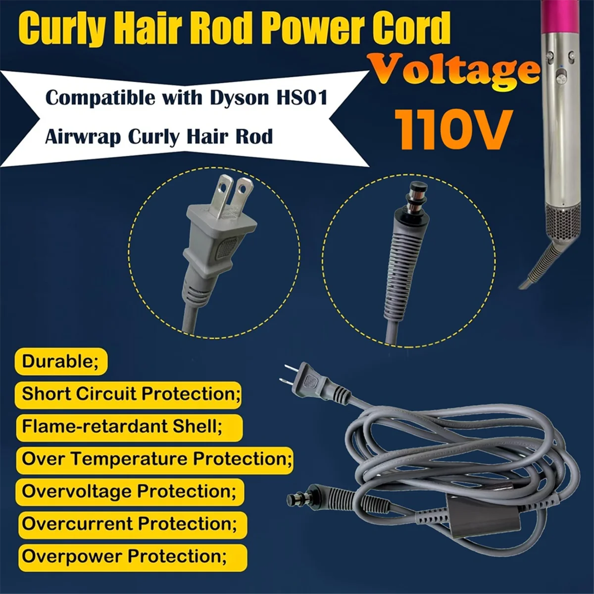 Replace Curly Hair Rod Power Cord for Dyson HD01 HD02 HD03 HD04 HD07 HD08 Airwrap Hair Styler AC Charger Cable US Plug