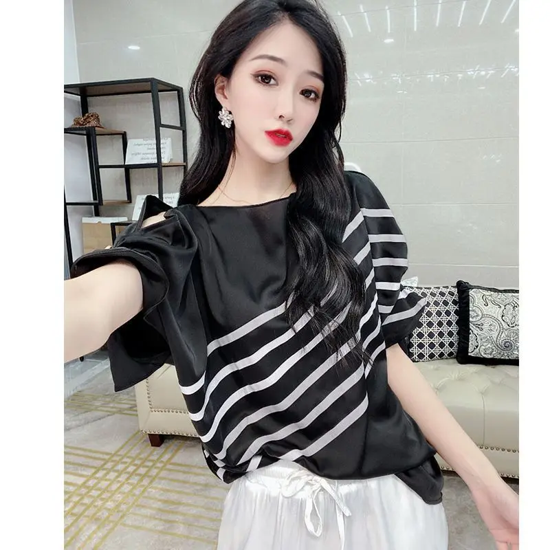 Stylish Slash Neck Button Folds Off Shoulder Striped Blouse Female Clothing 2023 Summer New Casual Pullovers Asymmetrical Shirt