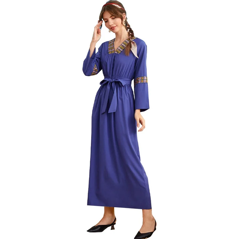 2023 V-neck Sleeve Lace Up Large Swing Long Embroidered Dress Robe Summer Dress Woman 2023 Trendy