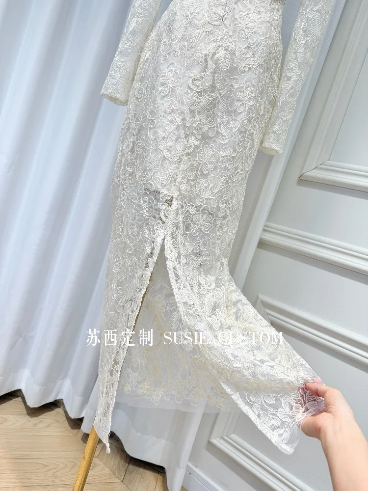 Abito da sera aderente aderente a maniche lunghe in patchwork di pizzo con temperamento elegante stile francese Abito da sera aderente aderente a vita alta Donna Autunno