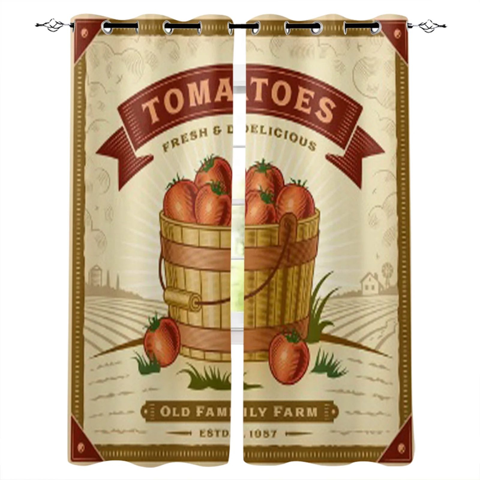 Retro Tomato Harvest Label With Landscape Curtains For Living Room Decoration Window Blind Bedroom Kitchen Curtain For Home