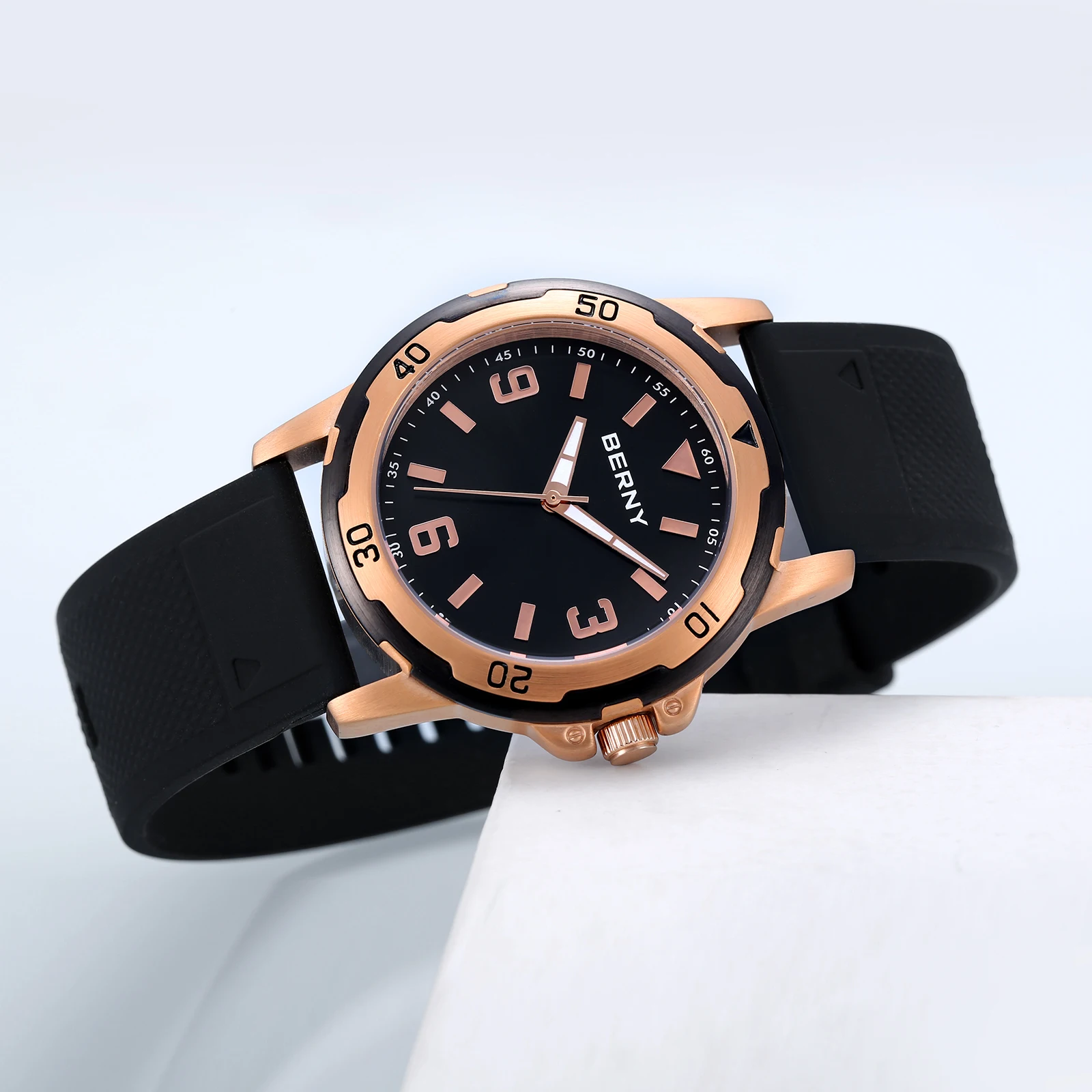 BERNY Watches for Men Luminous Casual Sport Quartz Men's Watch Waterproof Wristwatch Soft silicone Strap Brass Case Easy Read
