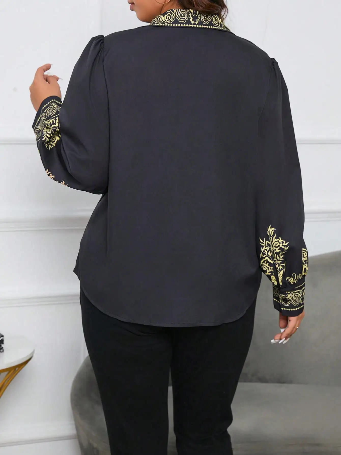 Women's Plus Size Floral Embroidery Blouse, Elegant Lapel Long Sleeve Shirt, Black Button Down Top For Ladies
