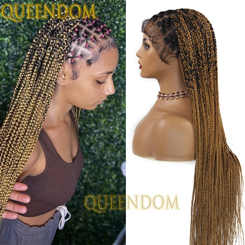 Peluca con trenzas cruzadas sintéticas, 36 pulgadas, Rubio degradado, trenzas Jumbo Cornrow, peluca trenzada, caja de encaje completo, peluca trenzada para mujeres negras