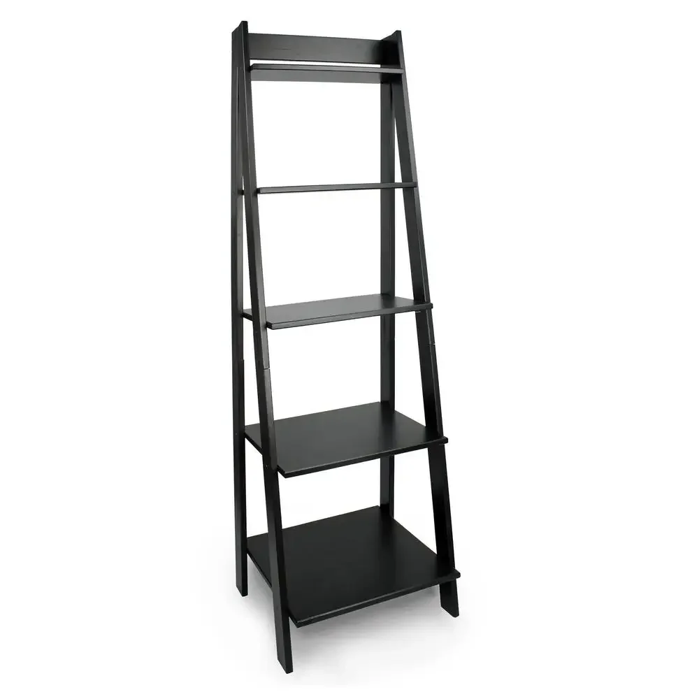 

5-Tier Solid Wood Leaning Bookshelf Black Modern Storage Organizer Shelf