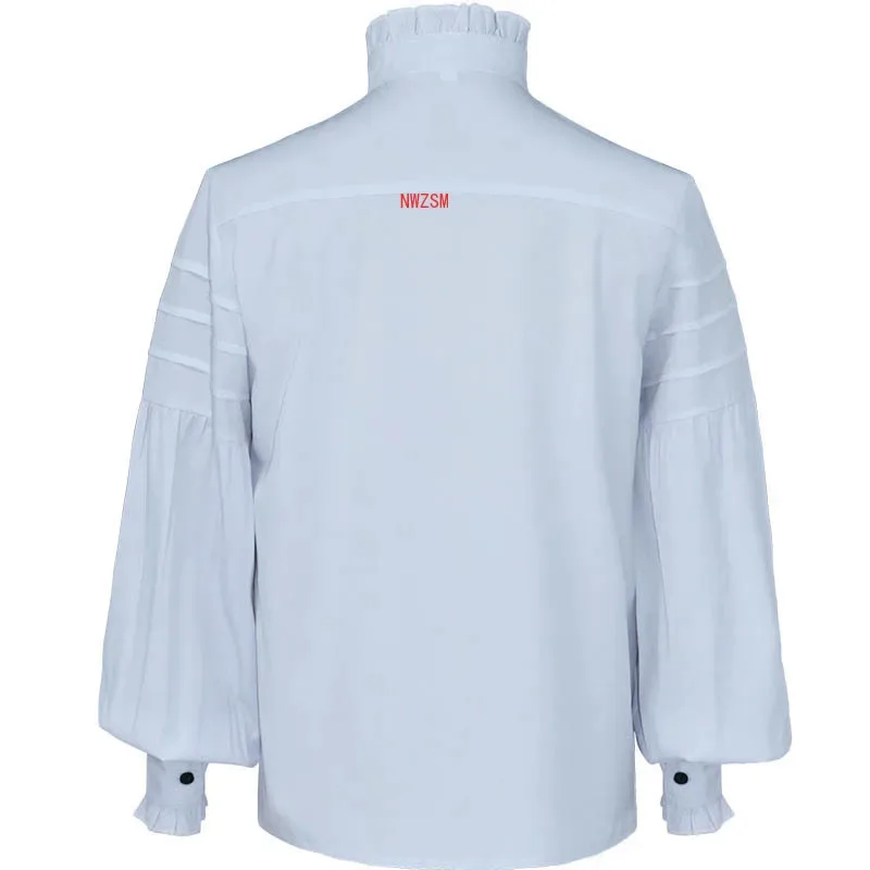 dd12White Black Red Ruffles Stand Collar Lantern Sleeve Victorian Goth Shirt Men Medieval Top Vintage Clothes Male Party Banquet