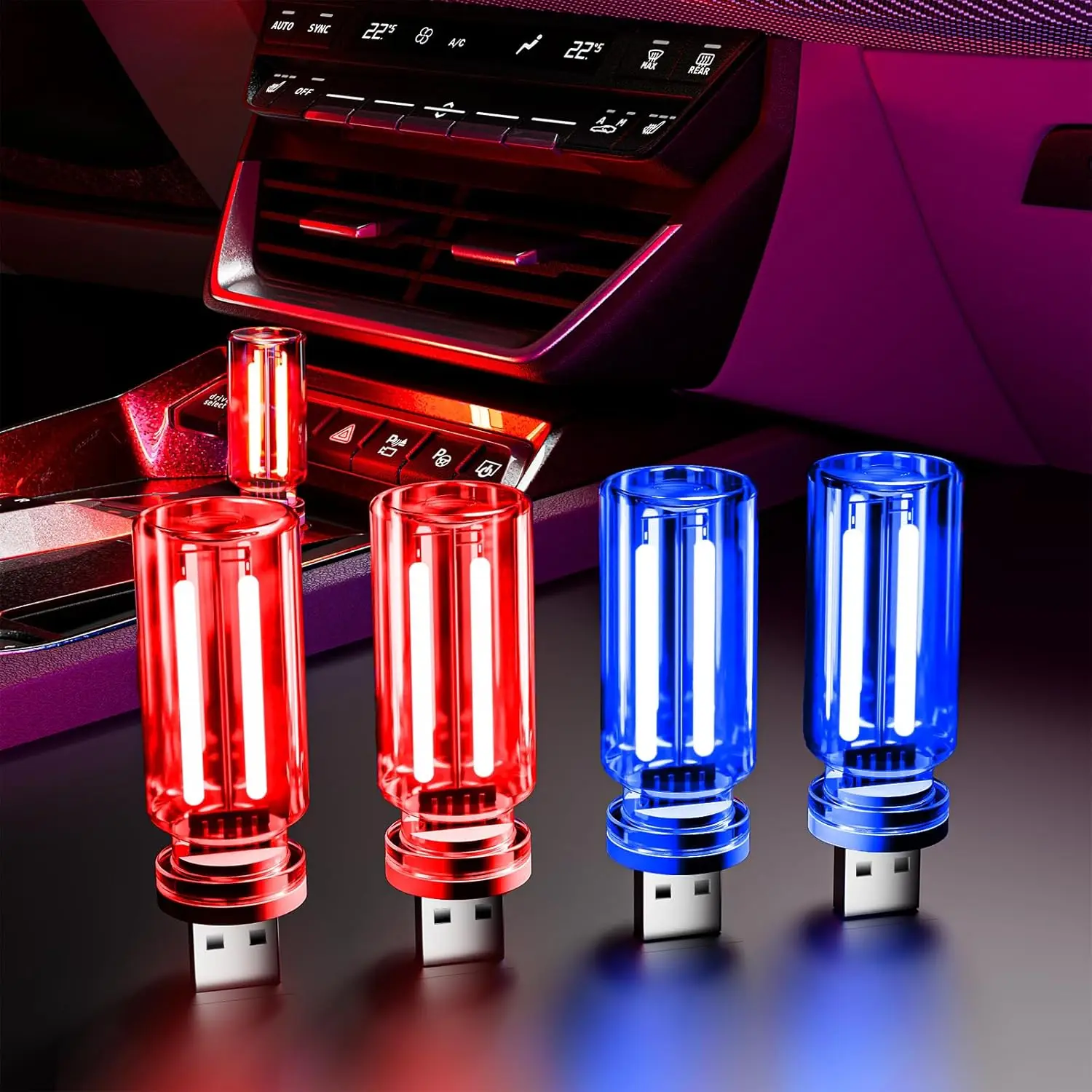 

4 PCS USB Night Light, Touch Dimmable Mini LED Car Ambient Lights, Portable Plug-in Glass Bottle Lamp for Car, Tent, Desk, Bedside (2Red&2Blue)