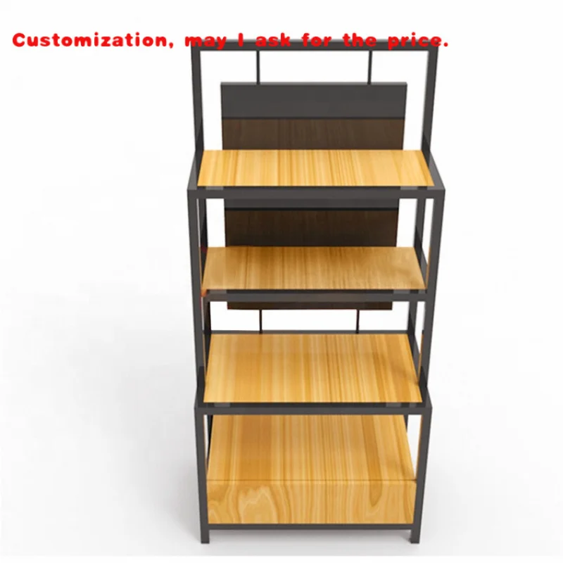 

custom.Commercial Iron Wood Display Shelf Stepped Merchandise Product Storage Rack with Drawer Base Retail Store Supermarket