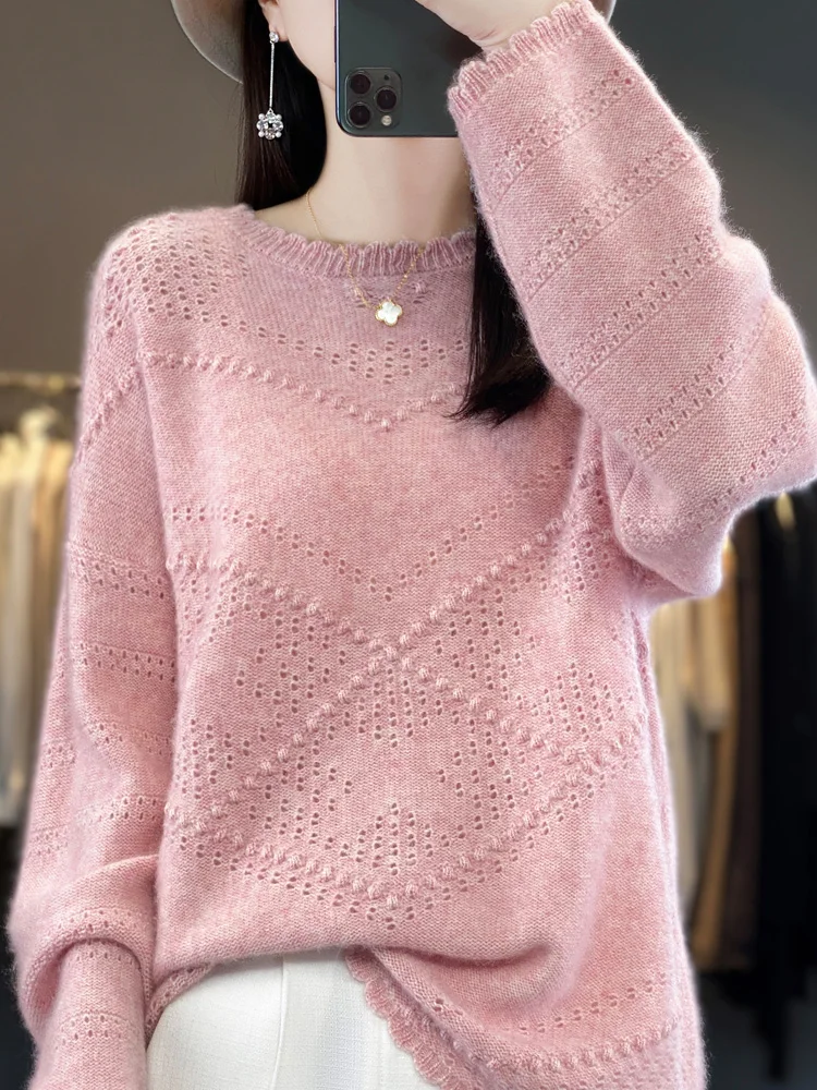 Spring Autumn Women Sweater Long Sleeve Pullover 100% Merino Wool Grace Comfort Knitted Jumper Korean Style Female Clothing