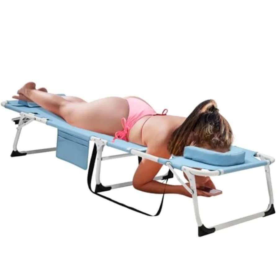 

Outdoor heavy duty tanning chair with face hole, aluminum frame and black fabric, 5-position adjustable folding chaise lounge f