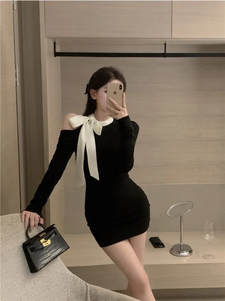 Asymmetrical Dresses Women Slim Spring Autumn Elegant Ladies Mini Ribbon Sexy Long Sleeve Office Lady All-match Simple Popular