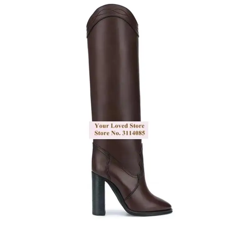 Women Chunky Heel Matte Embroidery Sewed Knee Boots Brown Black Pointed Toe Runway Dress Shoes Sexy Long Boots Fall Winter