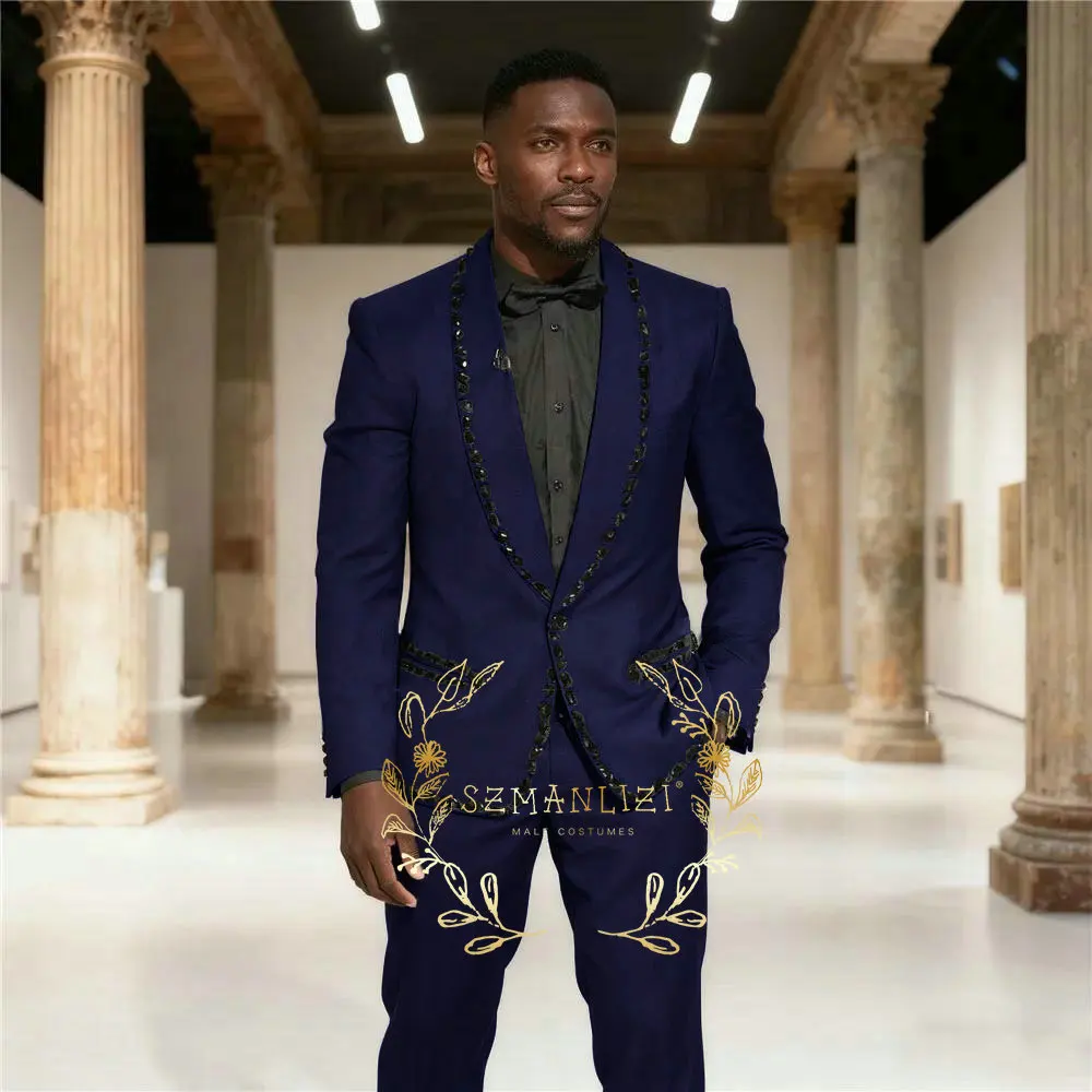 Navy Blue Men Suits Luxury Stone Crystal Tuxedos Bespoke Groom Wear 2 Pieces Business Male Prom Blazers Slim Fit Custome Homme
