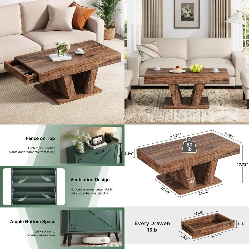 طاولة قهوة خشبية مستطيلة مكونة من 43 درجًا وطاولة تخزين مخفية لغرفة المعيشة #1