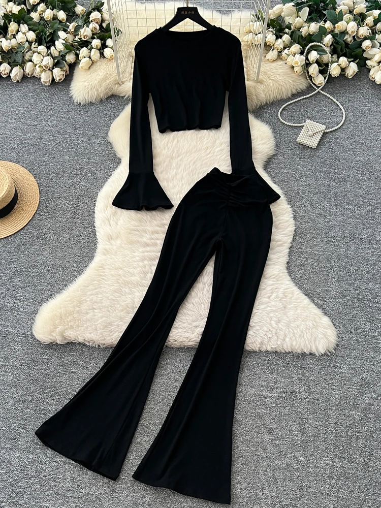 مثير ort Sve جرس Sve تي شيرت عالية الخصر ضيق صالح جولة Ne أعلى مع السراويل متوهج Faionable ملابس العمل غير رسمية #2