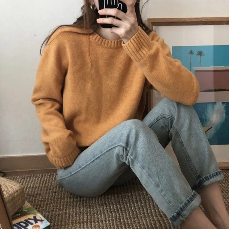 Mink Preppy Style Sweater Women's Knitting Round Collar Long Sleeve Pullover Autumn and Winter Clothing Warm Top T348