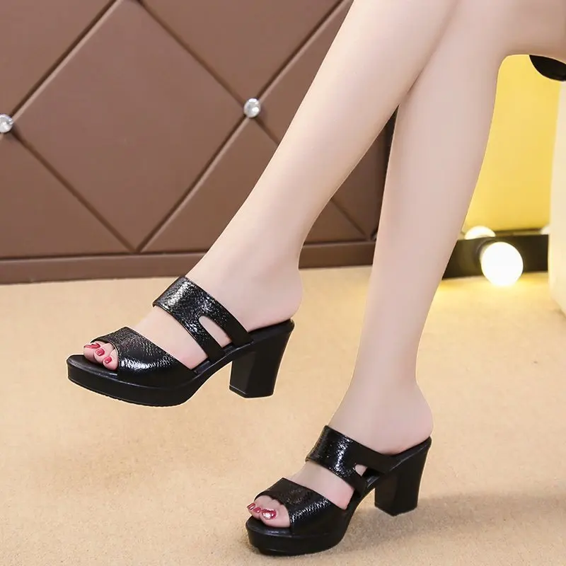 2023 Summer Shoes Thick Heel Fish Mouth Slippers Femme New High Heel Sandals Large Fashion Outwear Women\'s Sandals Casual Slides