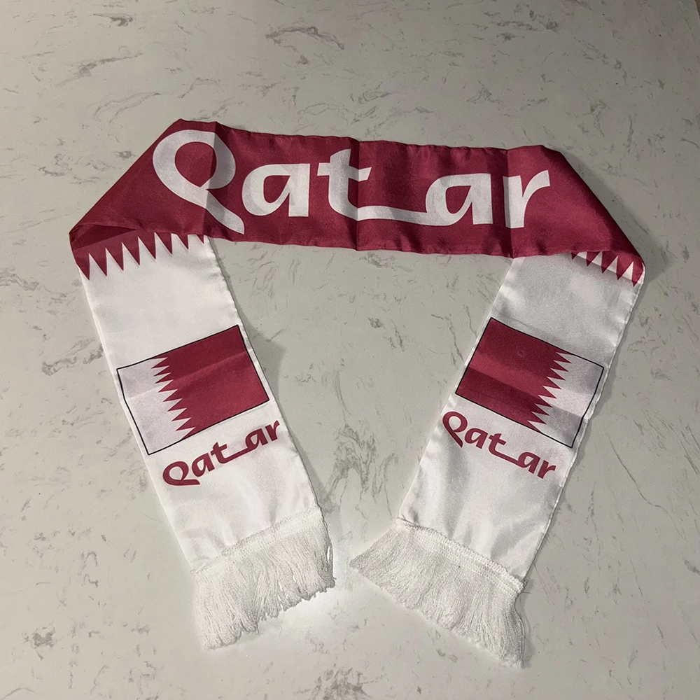 （TIKI FLAG）Qatar Scarf 12x135cm Double-sided Printed Qatar Flag Satin Qatar Scarf Suitable for world cup Sports Events