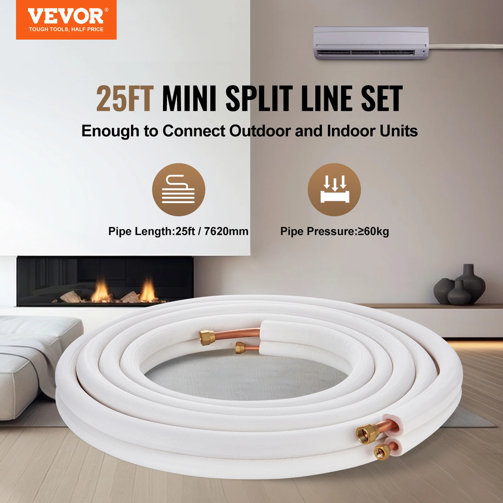 VEVOR 25FT Mini Split Line Set Copper Pipes Tubing Triple Layer Insulation For Air Conditioning Refrigerant Heating Pump