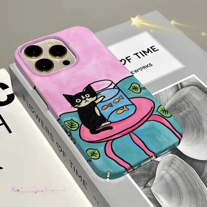 Ins Cute Cartoon Tuxedo Cat Goldfish Bowl Oil Painting Phone Case for iPhone 17 16 15 14 13 Pro Max 12 11 Back Cover view 4