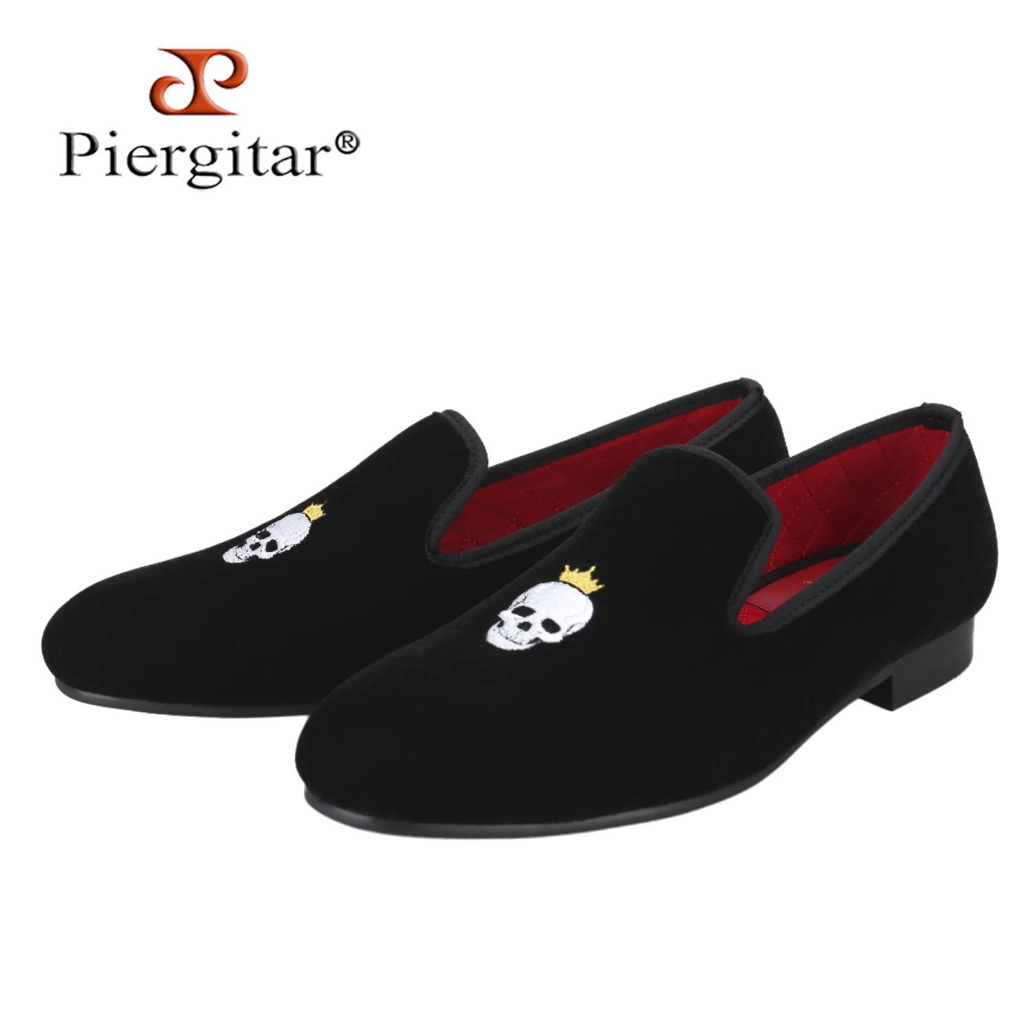 Piergitar British Style Formal Outfit Perfect Black Velvet Men's Loafers With Personalized Embroidery Handmade Smoking Shoes