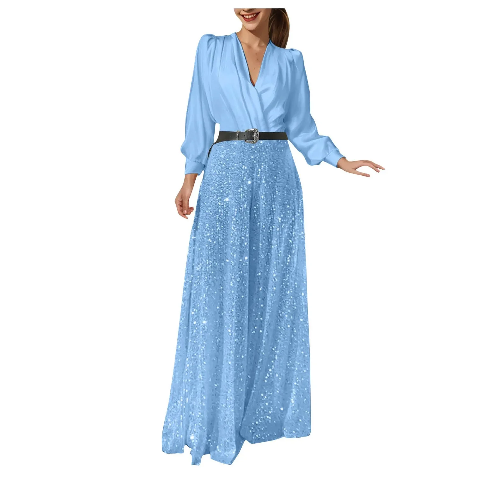Glitter Jumpsuits Women Elegant Shirts And Wide Leg Pants Jumpsuit Sexy Deep V Neck Sexy Club Rompers And Jumpsuits for Women