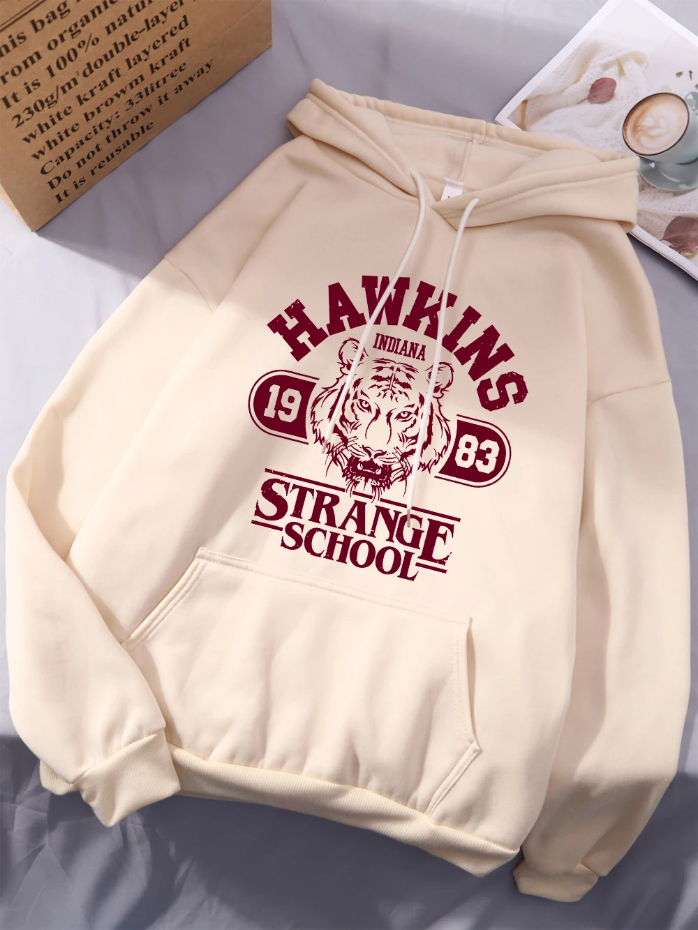 هوكينز مدرسة غريبة 1983 يطبع هوديس المرأة الشتاء الصوف الدافئة البلوز الأساسية فضفاضة جيب البلوز الشارع امرأة الملابس