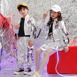 1set/lot Boy girl Hip-hop Set Silver Color Jazz Dance Costume Children Performance HipHop jazz Clothes Dance Costume Cheap