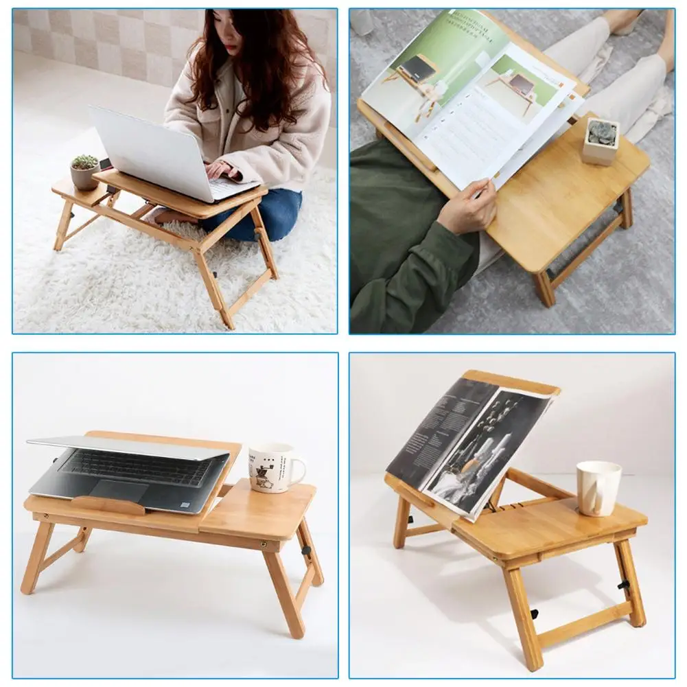 Adjustable Height Laptop Tray Adjustable Bamboo Laptop Desk with Fan Tilting Top Drawer Foldable Bed Table Portable for Surfing