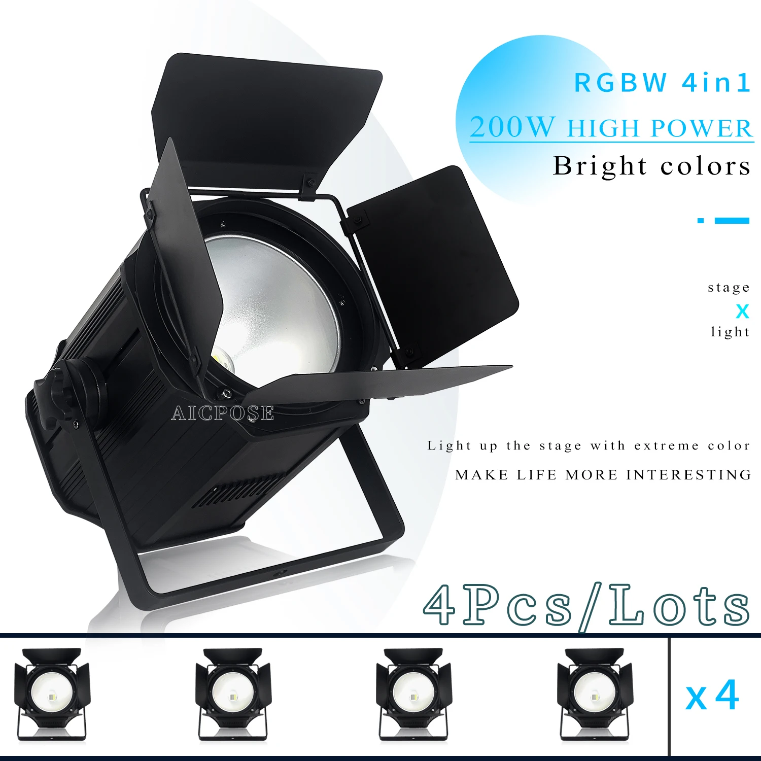 

4Pcs/Lots 200W COB Flat Spotlight RGBWA UV Full Color 6-in-1 Stage Background Stage Dye Light Cool White Warm White