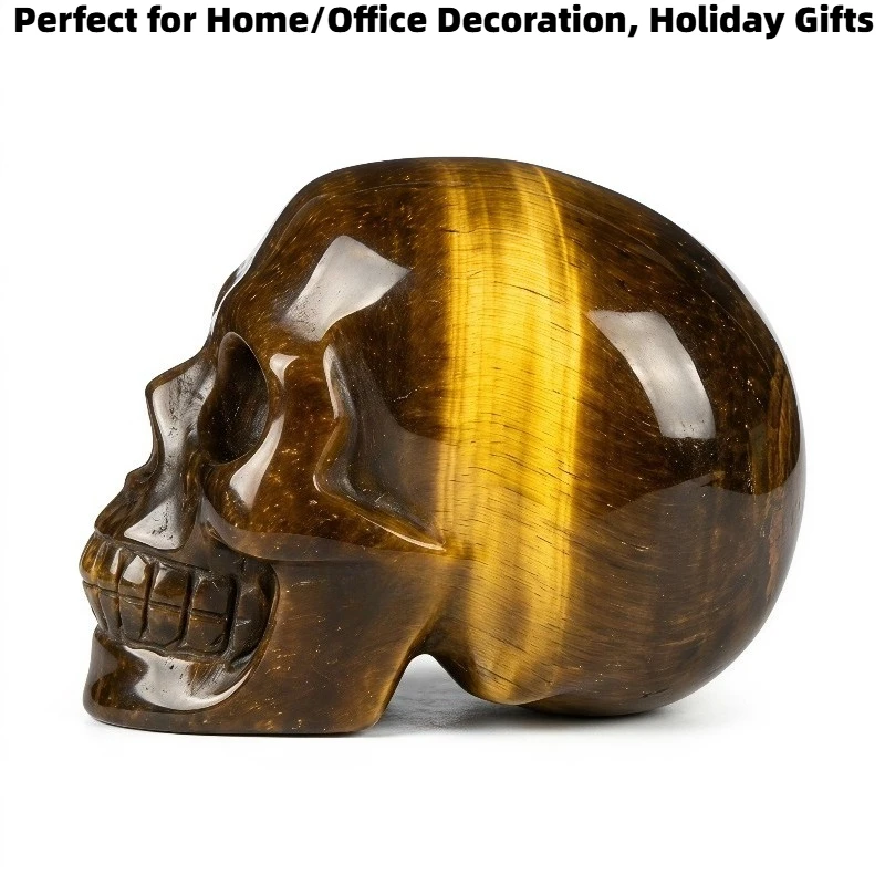 Natural Tiger Eye Skull Statue Yellow Tiger Eye Stone Display for Halloween Gift Tabletop Decorations