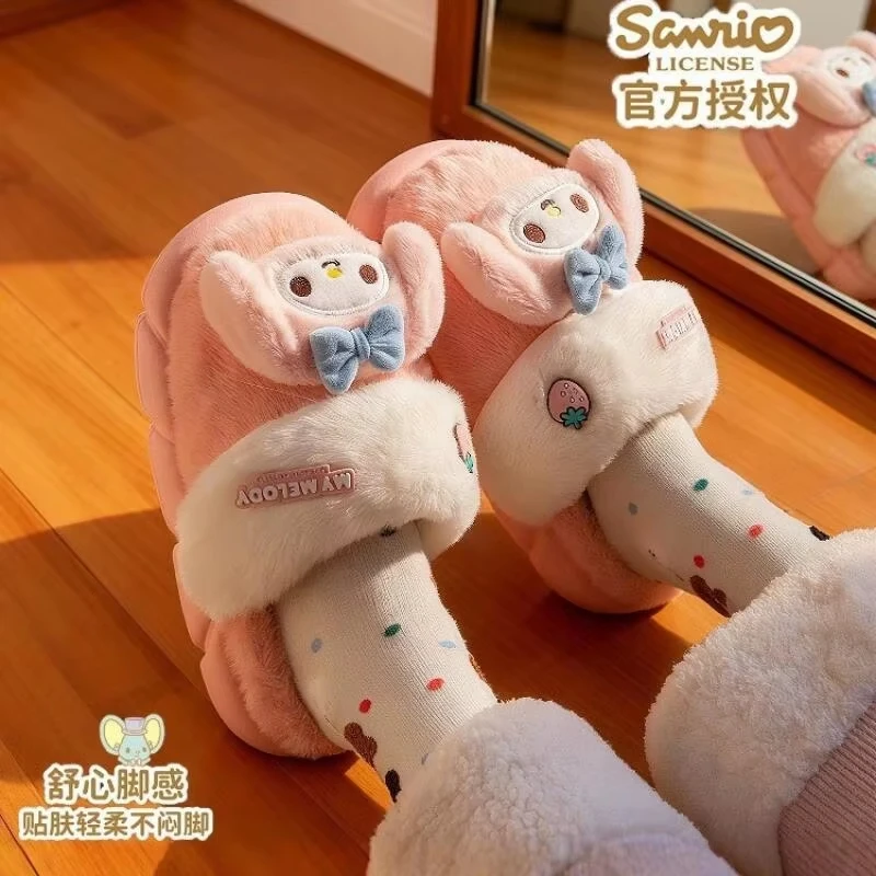 

Kawaii Cinnamoroll Women Plush Slippers Anime Kuromi Female Thick Bottom Autumn Winter Fluffy Soft Cute Student Girls Home Shoes
