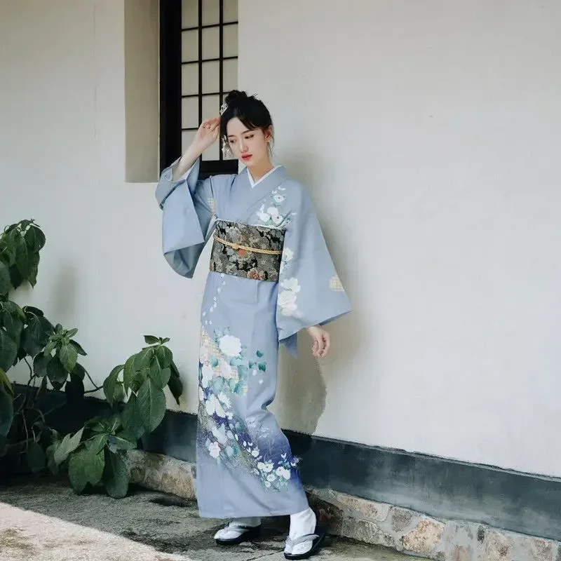 Women Japanese Style Traditional Kimono Elegant Wedding Evening Dress Fashion Blue Yukata Gown Robe Bathrobes Vintage Vestidos
