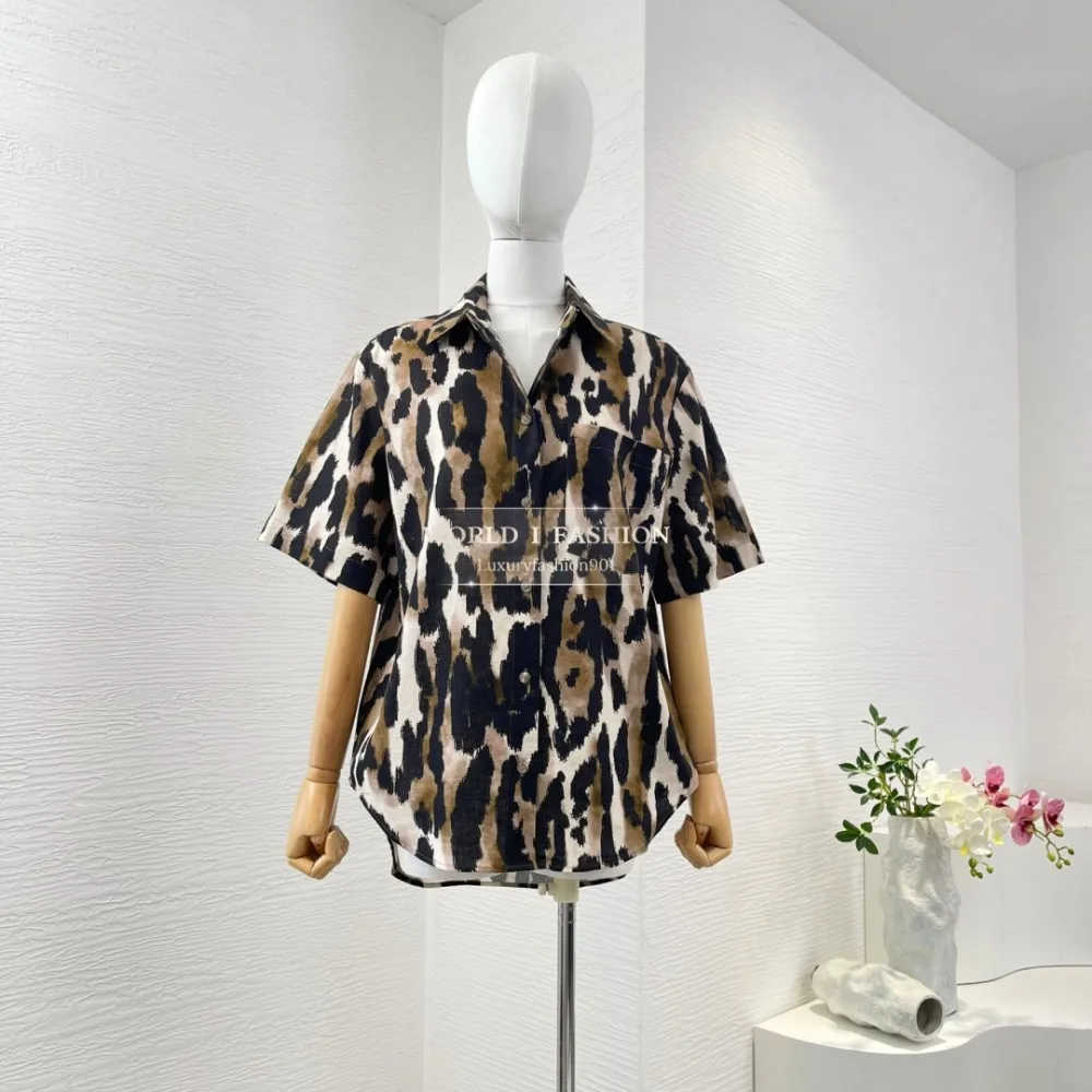 تي شيرت بأكمام قصيرة وطبعة الفهد البني بلوزة علوية 2025 قطن كتان #3