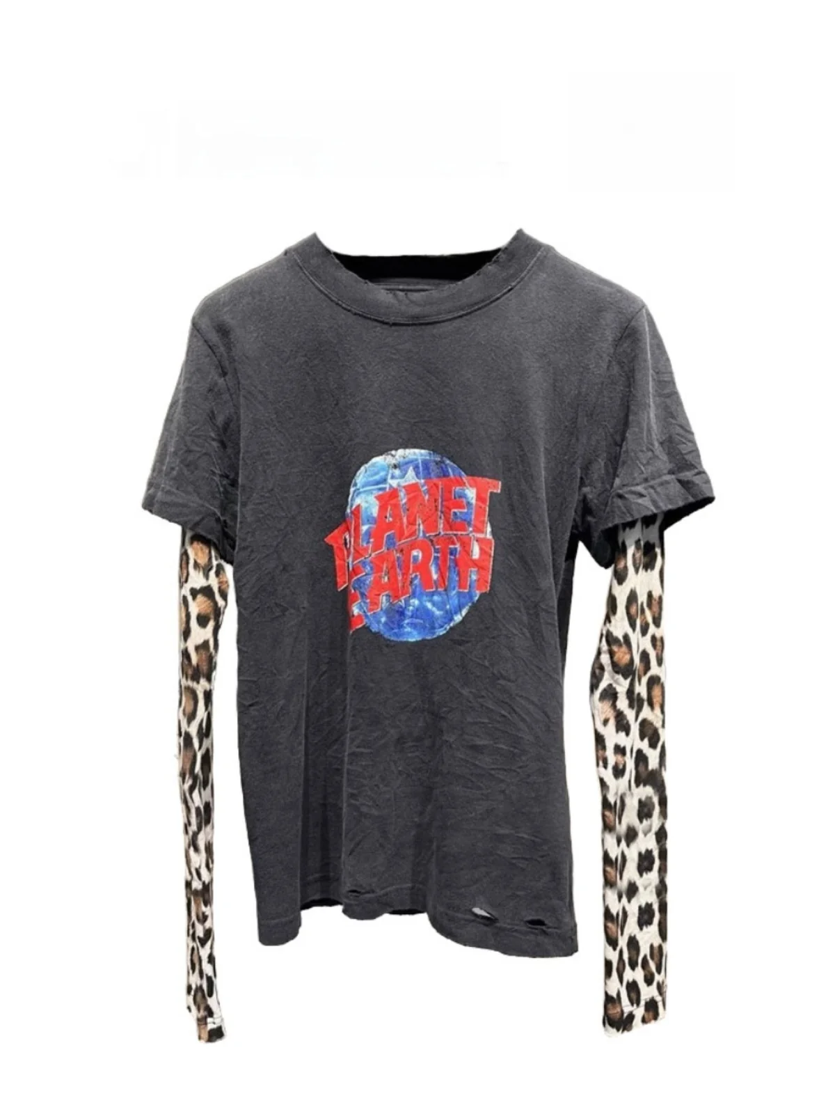 Retro rond Ne Long Sve T-shirt Dames Distred Print Luipaardprint Patchwork Pendelen Sle Koreaanse Loose Fit Lente