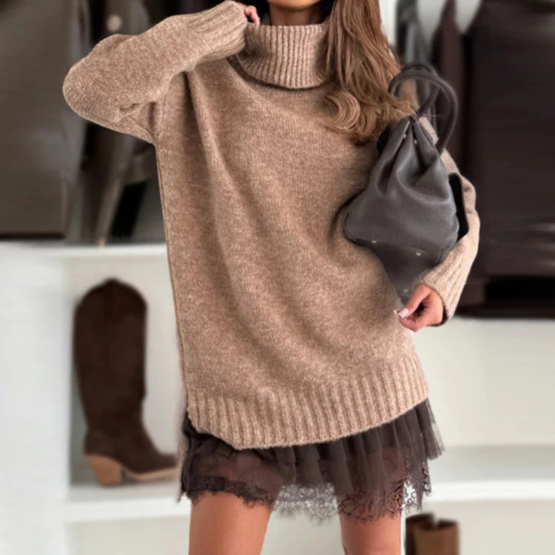 Conjunto feminino casual de malha de manga comprida com renda bordada cor sólida conjunto de 2 peças moda gola alta pulôver e saia