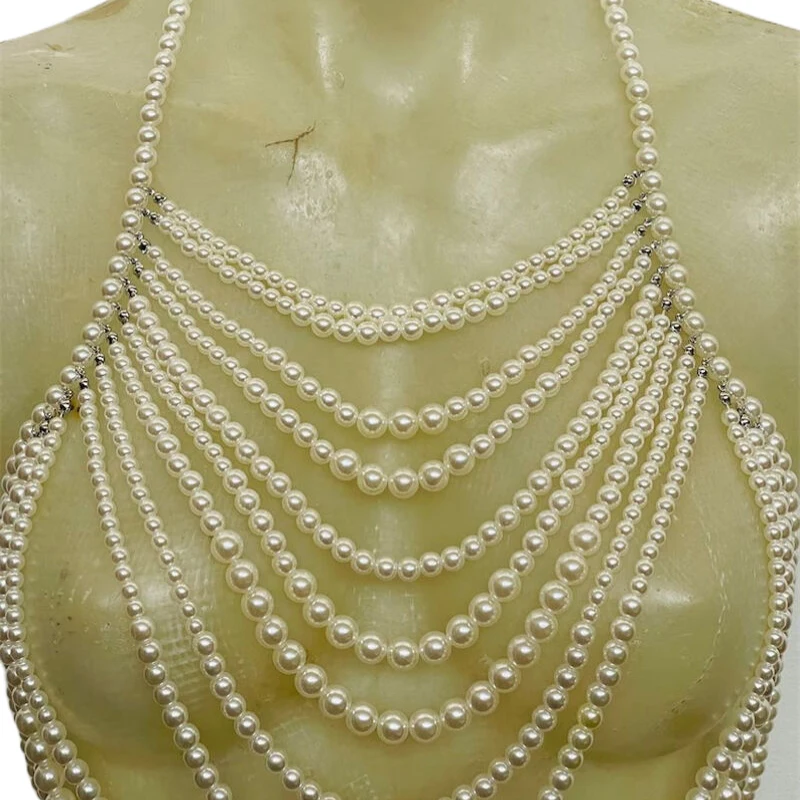 Mehrschichtiges Perlen-Neckholder-Bodychain-Top, weiß, mit Kunstperlen, Brustgurt, Hochzeits-Bodyschmuck, Abend-Rave-Crop-Top – Detail 6