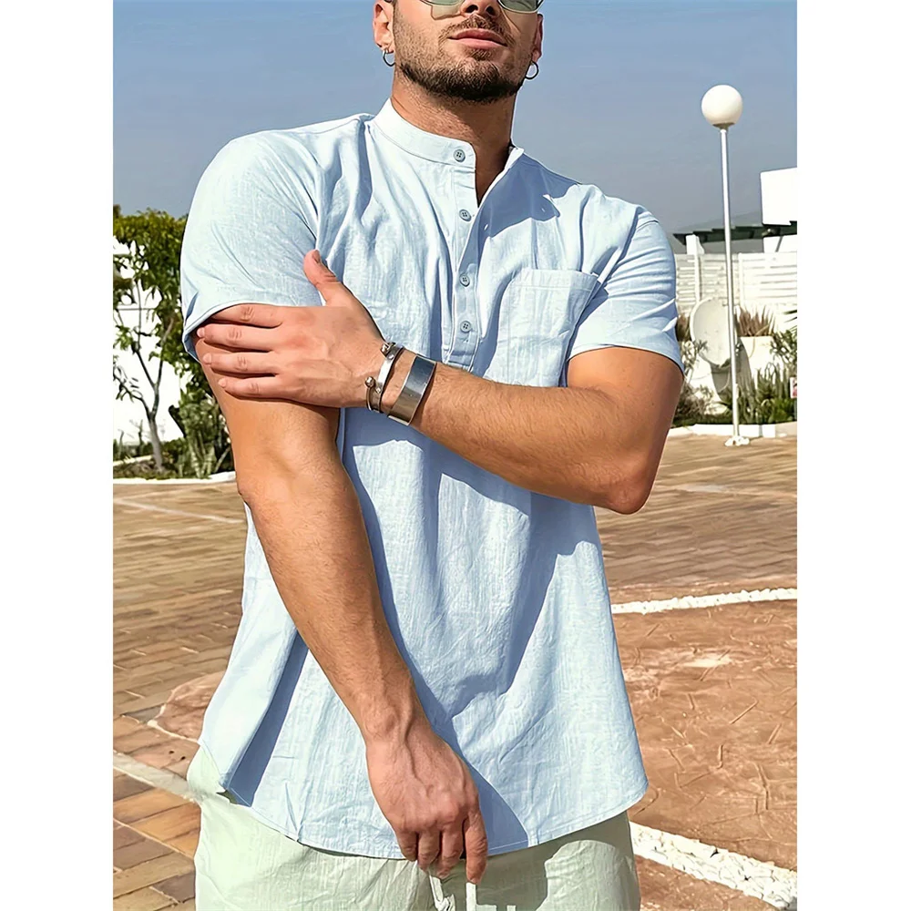 Sommer Heißer Verkauf männer T-shirt Baumwolle Leinen Henley Neck Casual Atmungsaktive Leichte Einfarbig Tasche Taste Tops – Detail 7