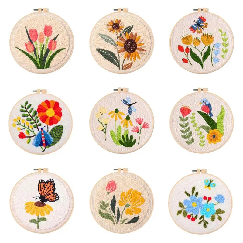 

DIY Punch Needle Kits for Beginners Flowers Pattern with Hoop Punch Needle Starter Craft Embroidery Set Easy for Adults Gift