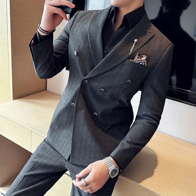 3-A53  Double-breasted striped suit for men, high-end business formal slim fit Korean handsome British suit two-piece suit